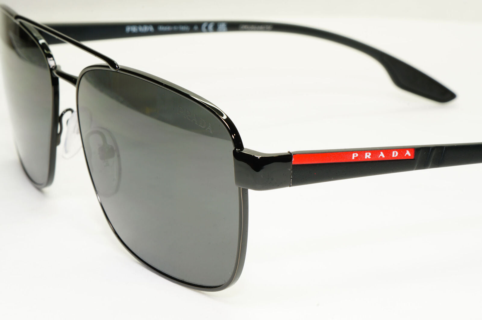 Prada Sunglasses Black Square Pilot Metal Red Stripe PS51US SPS 51U 1AB-5S0