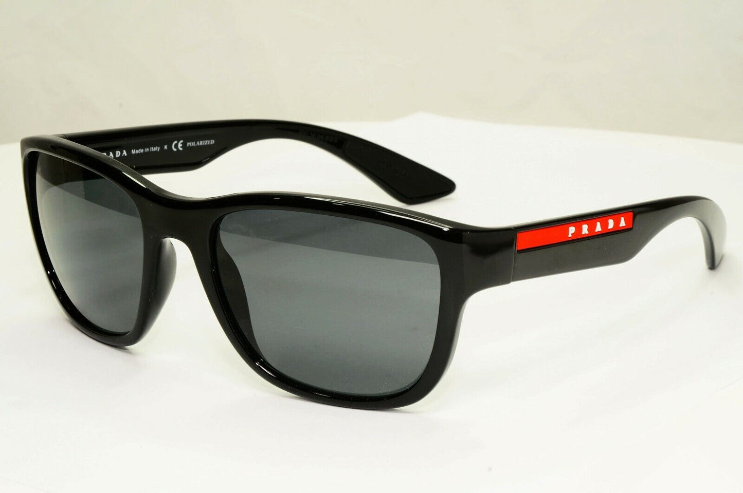 Prada Polarised Black Sunglasses Square Red Stripe PS01US SPS 01U 1AB-5Z1 55mm