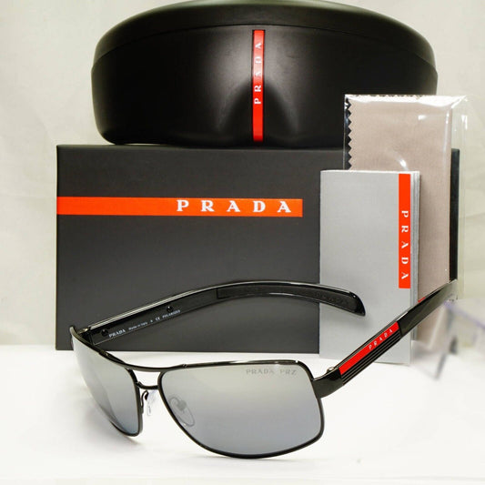 Prada Polarized Mens Sunglasses Silver Mirror Black SPS 54I 1AB-2F2 [A] 36975