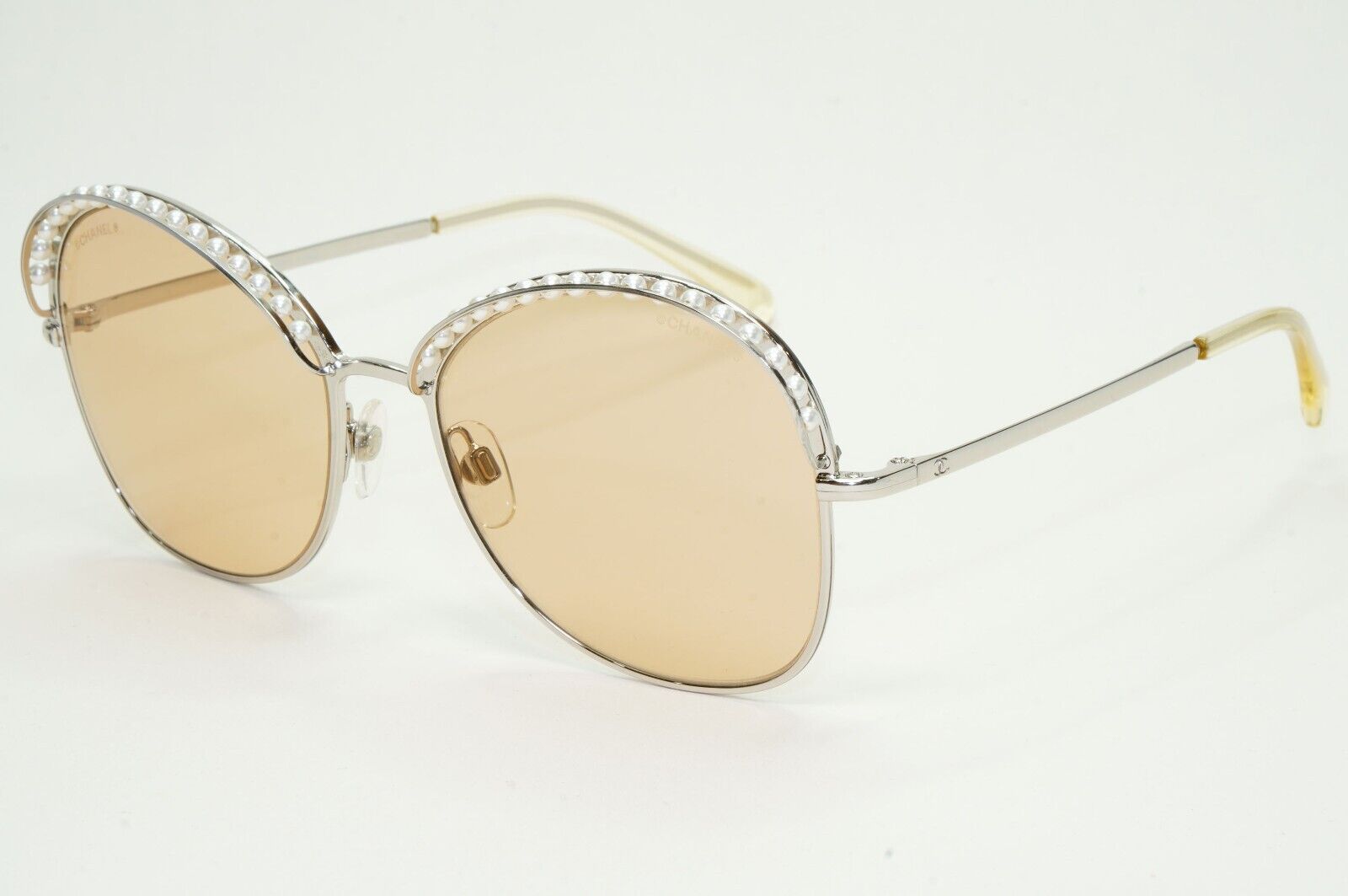 Chanel Sunglasses Pearl Silver Brown Amber Square Metal 4246-H c.124/73 56mm