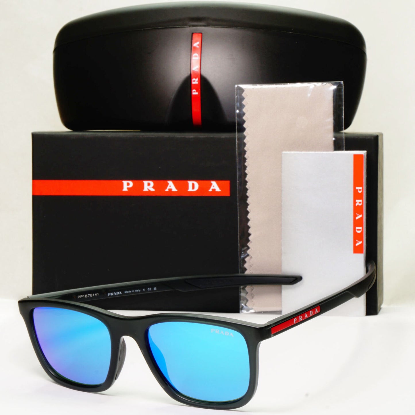 Prada Sunglasses Blue Mirror Grey Rubber Square PS10WS SPS 10W 13C-08R