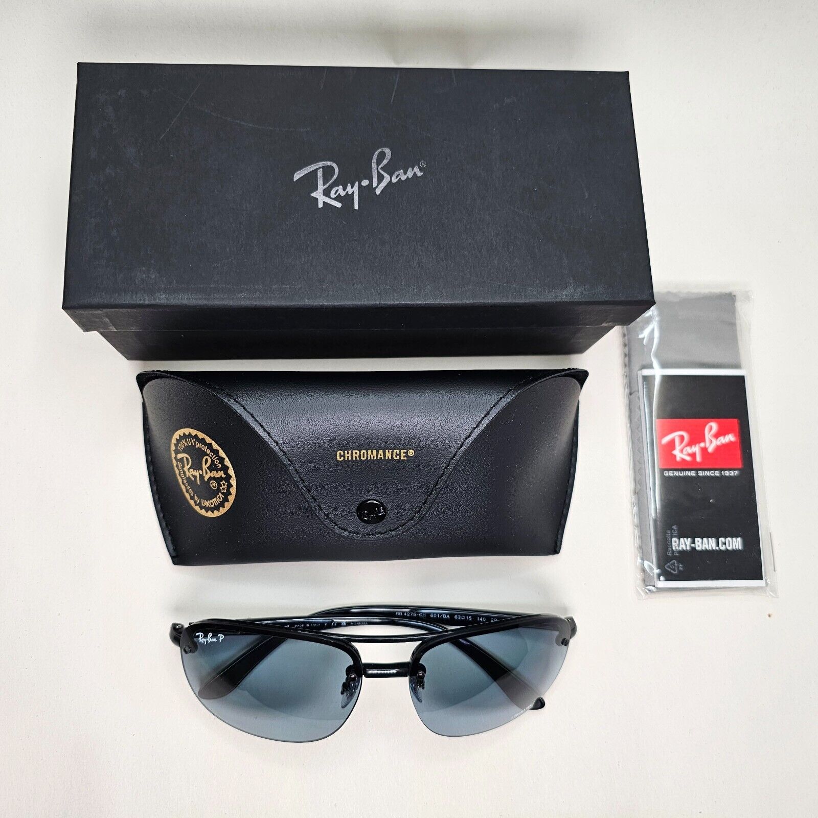 Ray-Ban Sunglasses Chromance Blue Polarised Black Pilot RB 4275-CH 601/BA 63mm