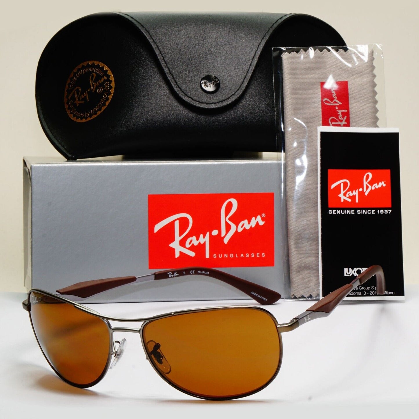 Ray-Ban Sunglasses Polarized Gunmetal Brown Meta Pilot Wrap RB 3519 029/83 59mm