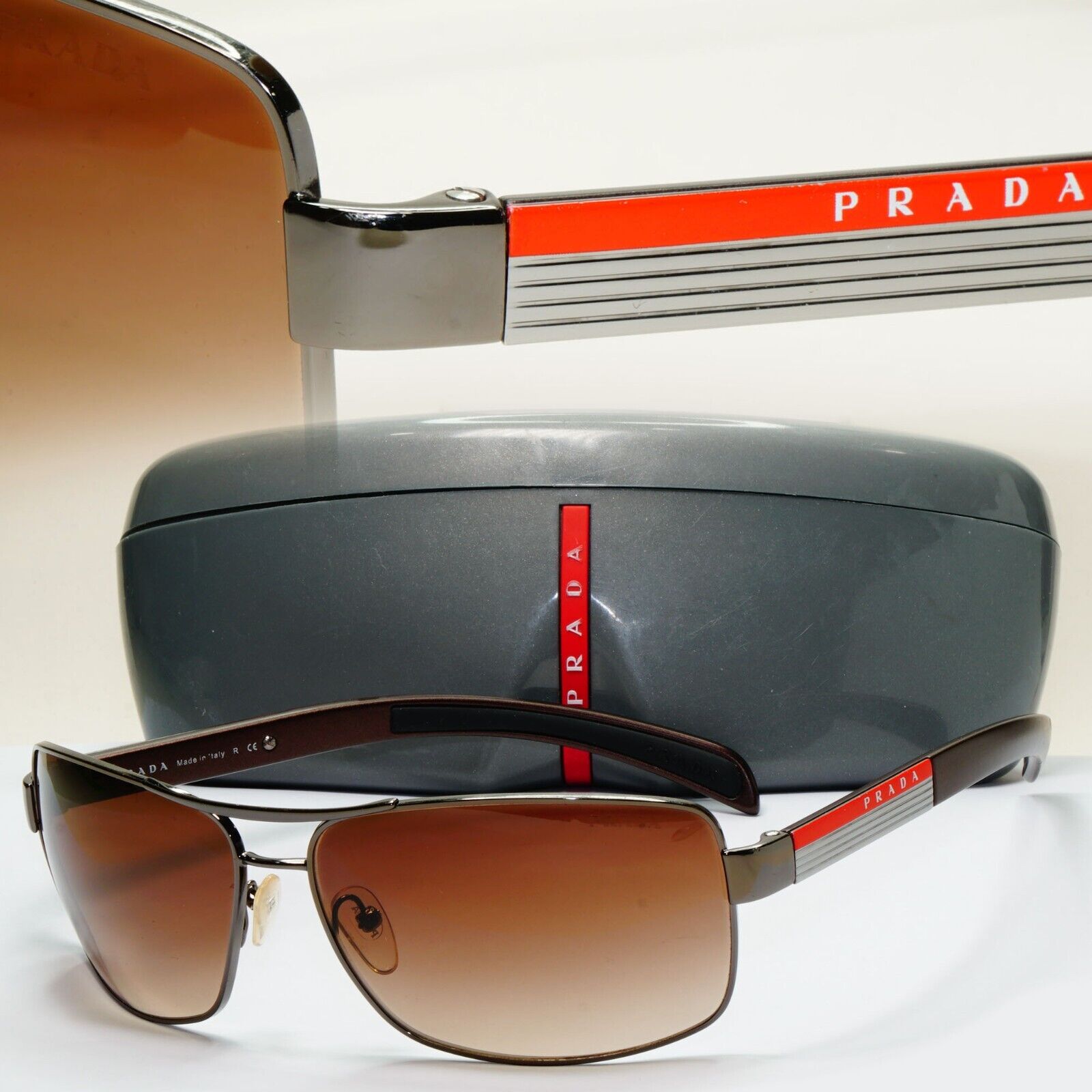 Prada Sunglasses Gunmetal Brown Wrap Navigator PS54IS SPS 54I 5AV-6S1 120824