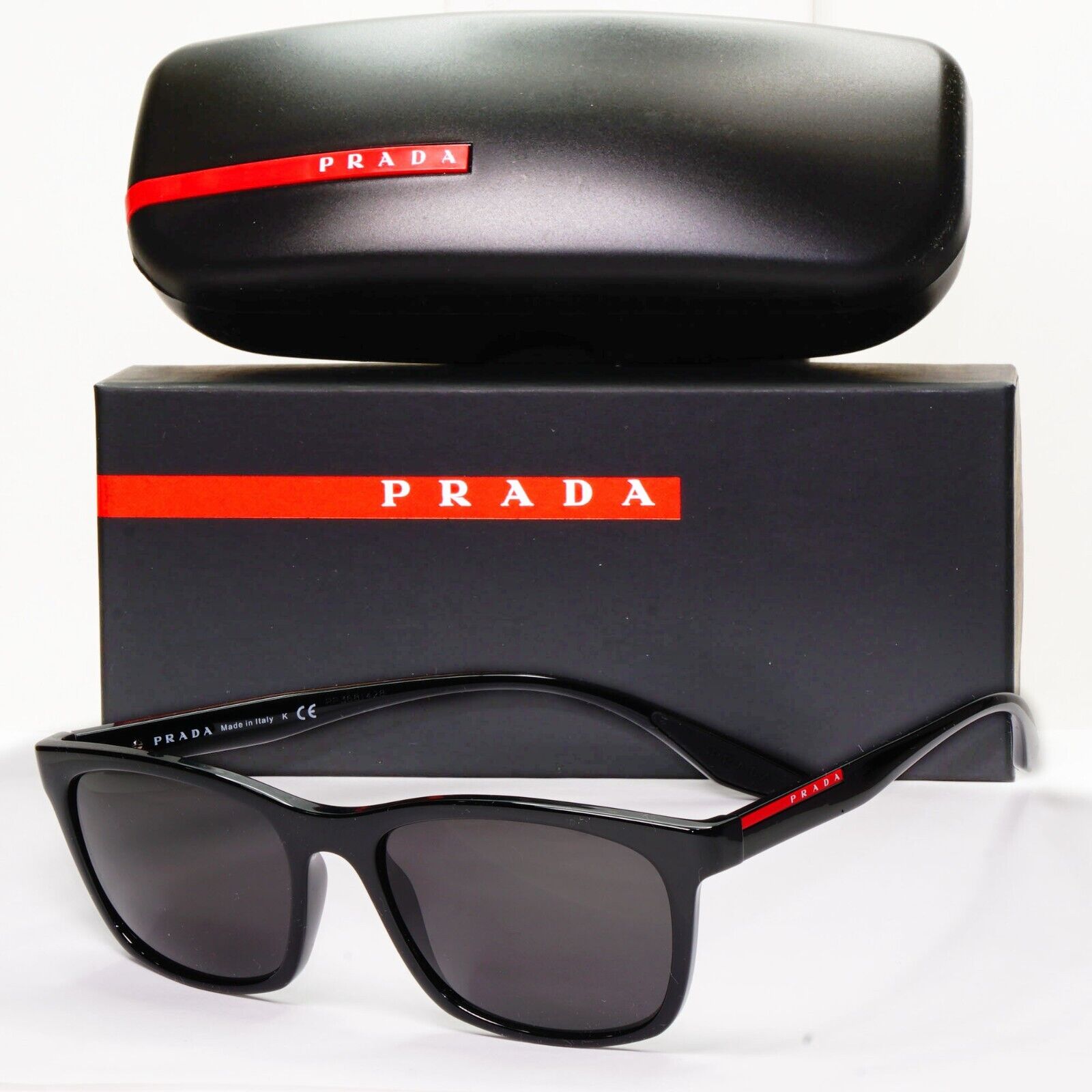 Prada Sunglasses Black Glossy Square Red Stripe PS02NV VPS 02N 1AB-1O1 55mm