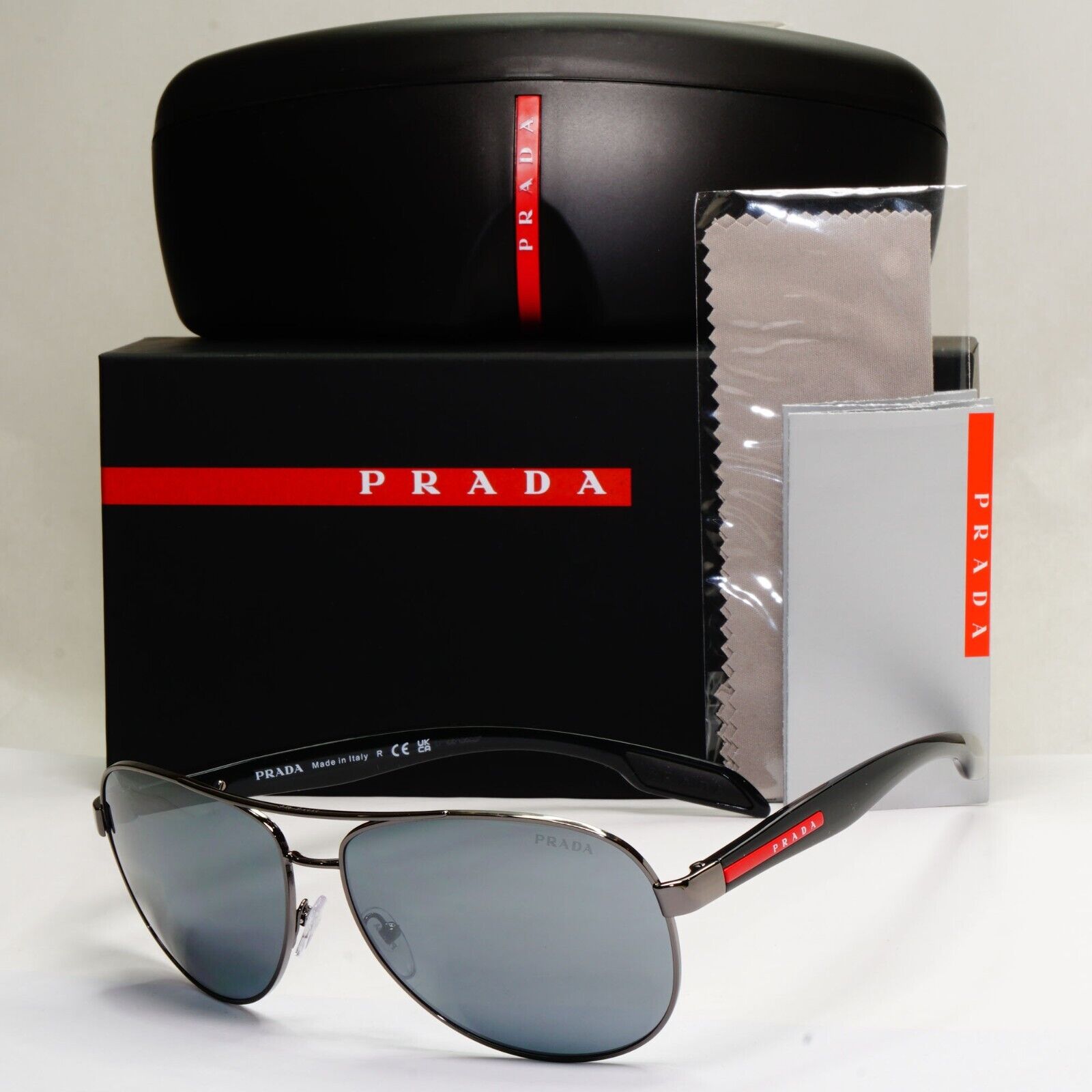 Prada Sunglasses Black Grey MIrror Pilot Gunmetal PS53PS SPS 53P 5AV-5L0 62mm