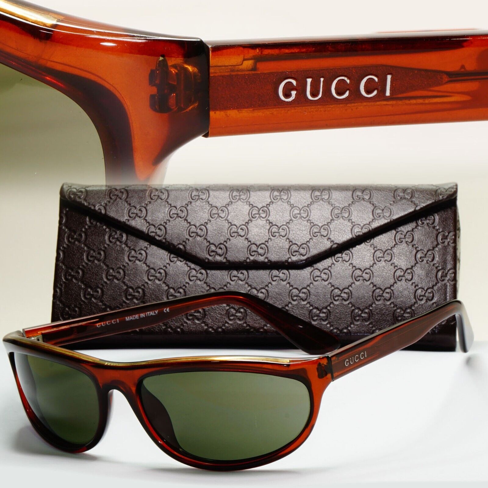 Gucci Sunglasses 1997 Vintage Glass Lens Brown Green Wrap GG 1164/S 5MB 050824