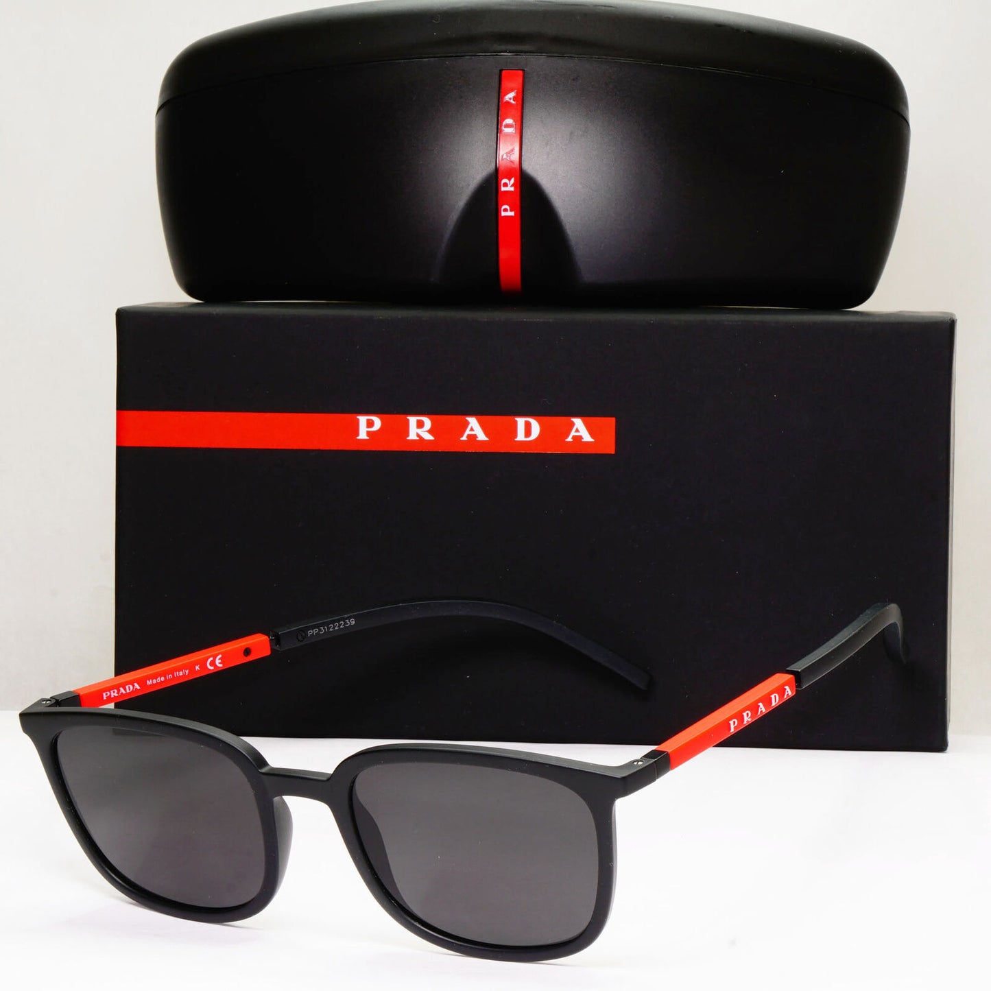 Prada Sunglasses Black Matte Red Stripe Square PS05NV VPS 05N 1AB-1O1 54mm