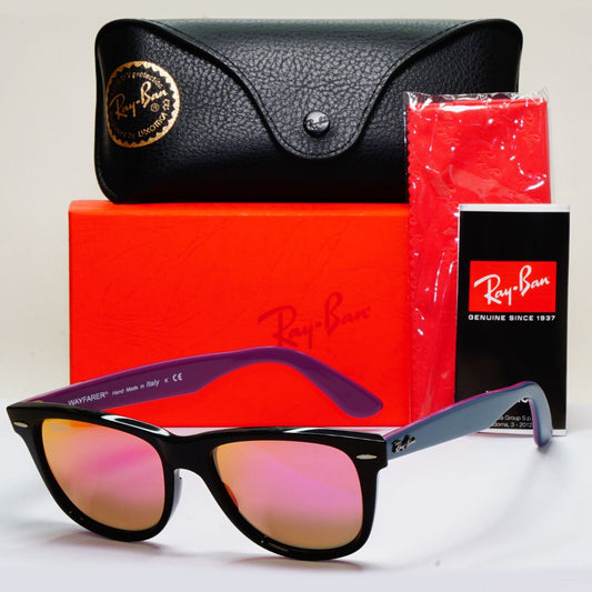 Ray-Ban Sunglasses Wayfarer Black Blue Mirror Violet Fuxia RB 2140 1174/4T 54mm