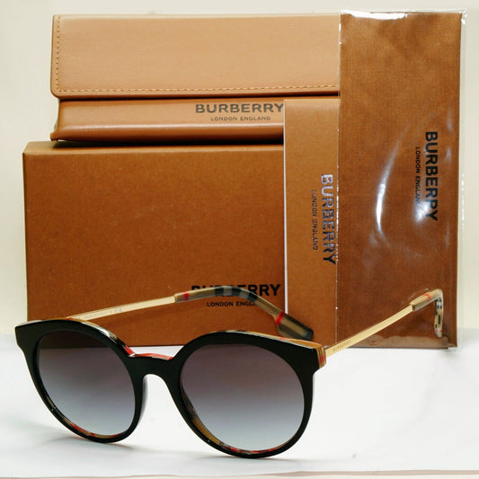 Burberry Sunglasses Black Gold Grey Gradient Round Plaid Check BE 4296 3806/8G