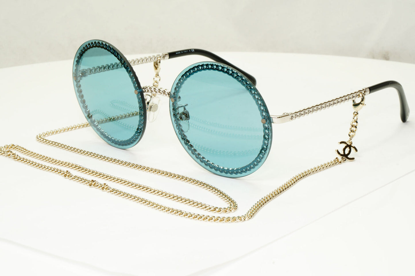 Chanel Chain Sunglasses Round Blue Year 2021 Silver Gold 4245 c.124/80 280323