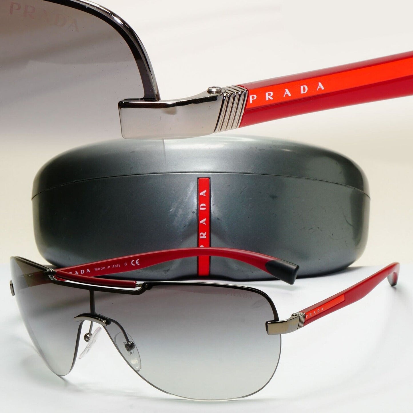 Prada Sunglasses 2007 Vintage Sield Wrap Red Grey PS52NS SPS 52N 5AV-3M1 120824