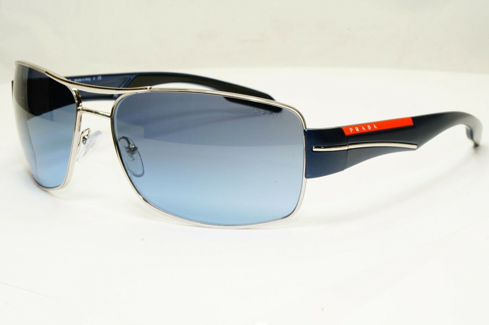 Authentic Prada Mens Blue Square Metal Sunglasses SPS 53N 1BC-5I1 Red Stripe