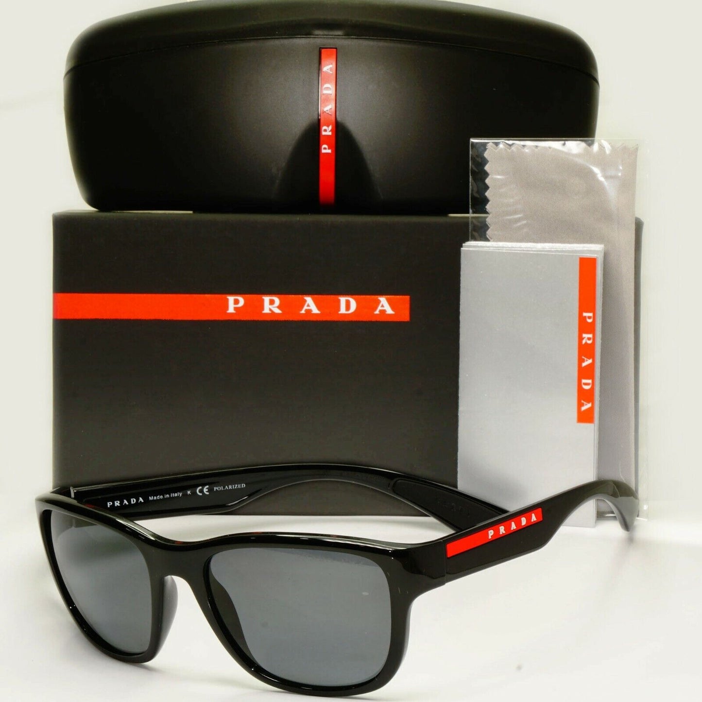 Prada Polarised Black Sunglasses Square Red Stripe PS01US SPS 01U 1AB-5Z1 55mm