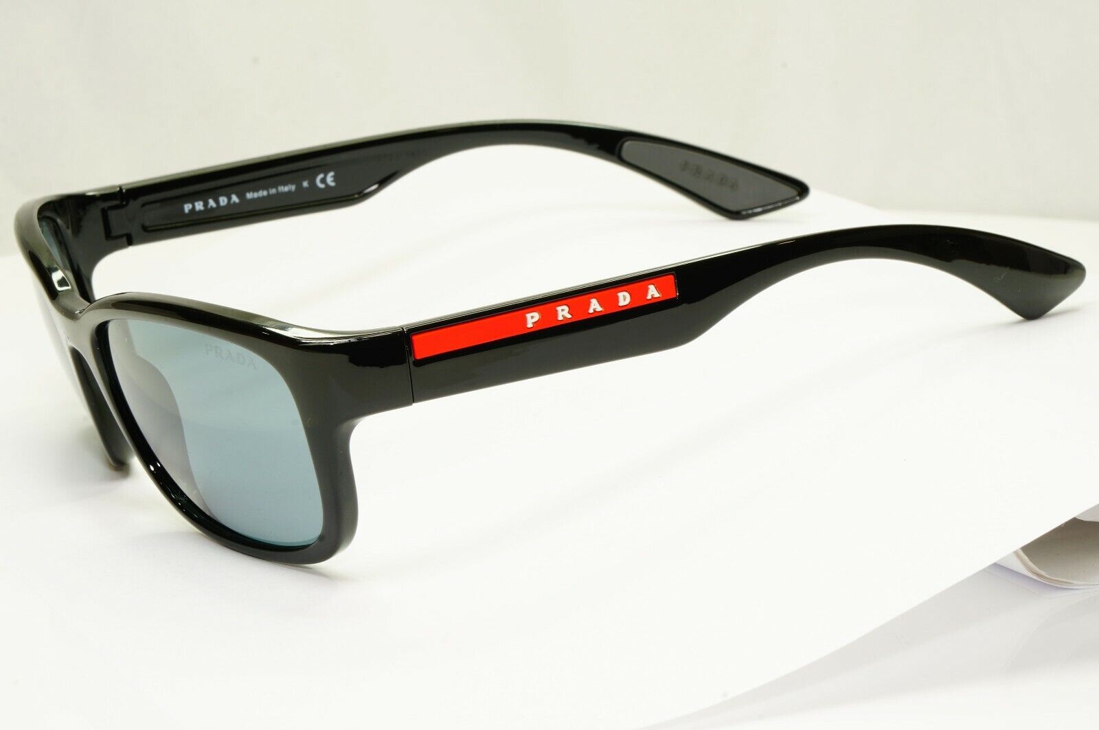 Prada Sunglasses Black Ice Grey Mirror Mens SPS 05V 1AB-5L0 Red Stripe Sport