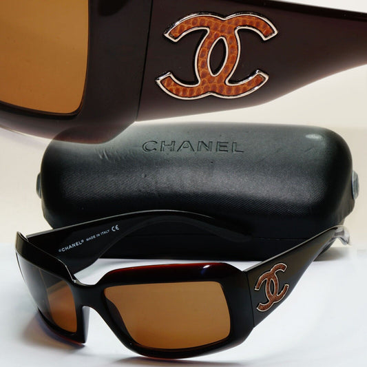 Chanel Sunglasses 2007 Vintage Brown Leather Large Logo 6022-Q-M c.538/13 301024