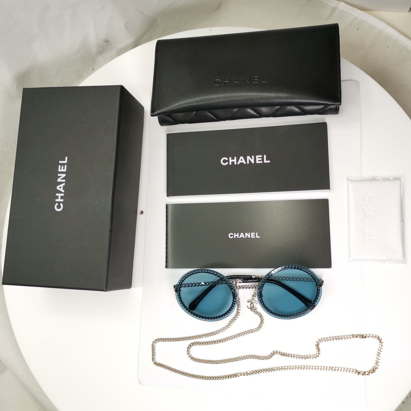 Chanel Chain Sunglasses Round Blue Year 2021 Silver Gold 4245 c.124/80 280323