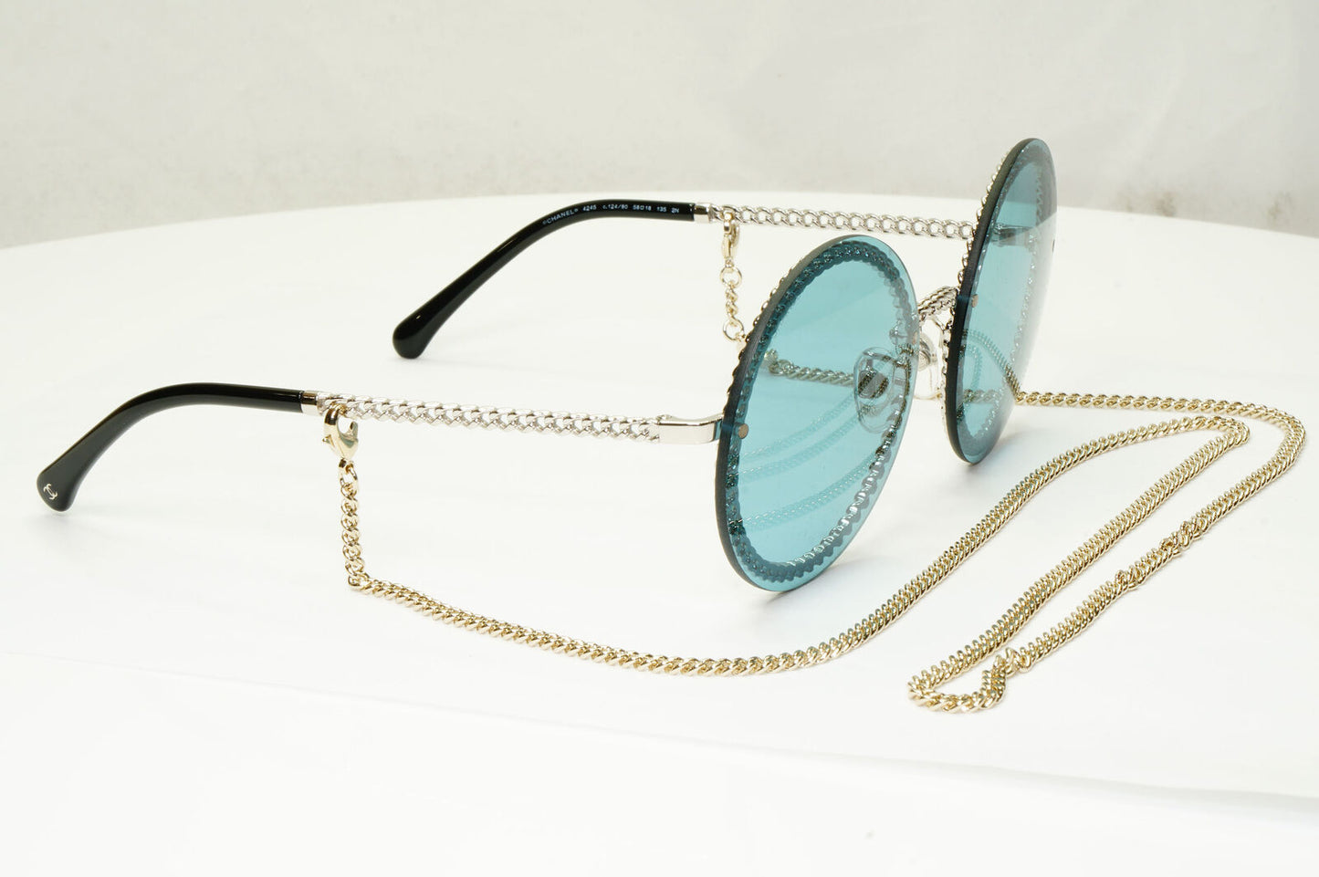 Chanel Chain Sunglasses Round Blue Year 2021 Silver Gold 4245 c.124/80 280323