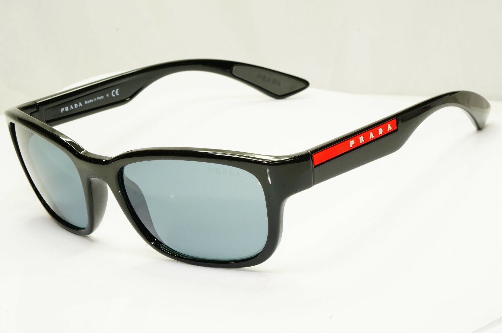 Prada Sunglasses Black Ice Grey Mirror Mens SPS 05V 1AB-5L0 Red Stripe Sport