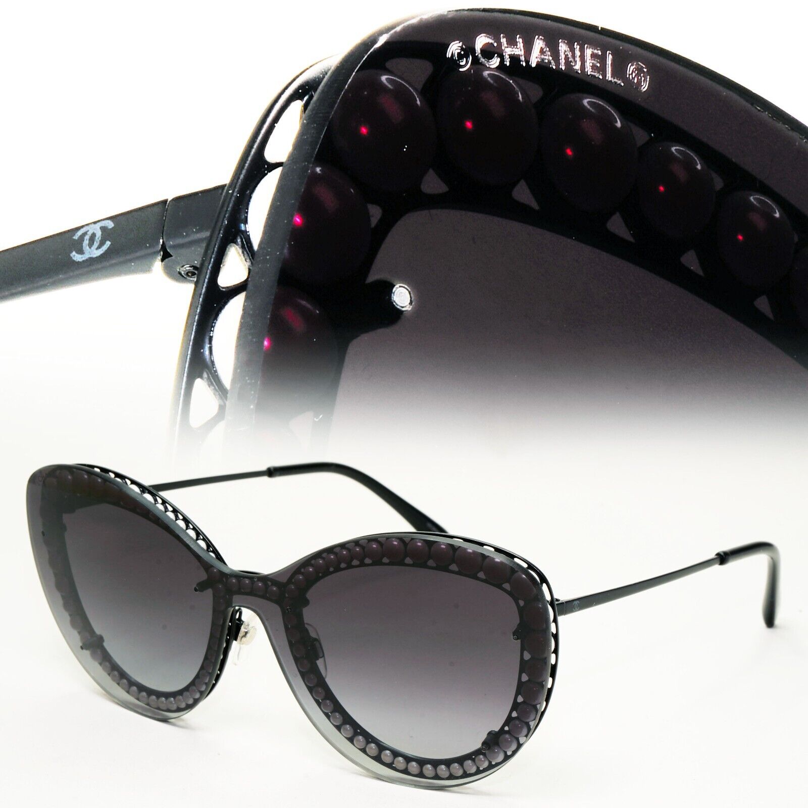 Chanel Sunglasses Pearl Black Grey Smoke Shield Visor 4236-H c.101/S6 with Box