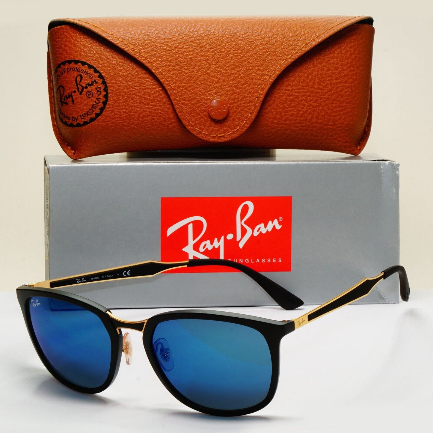 Ray-Ban Sunglasses Black Matte Gold Blue Mirror Square RB 4299 601-S/55