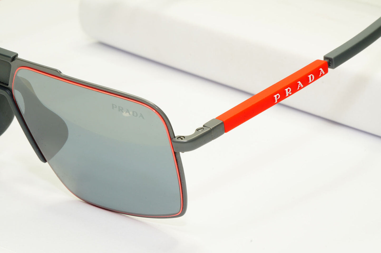 Prada Grey Mirror Sunglasses Square Red Mens Fashion SPS 52X TWW-09L PS52XS