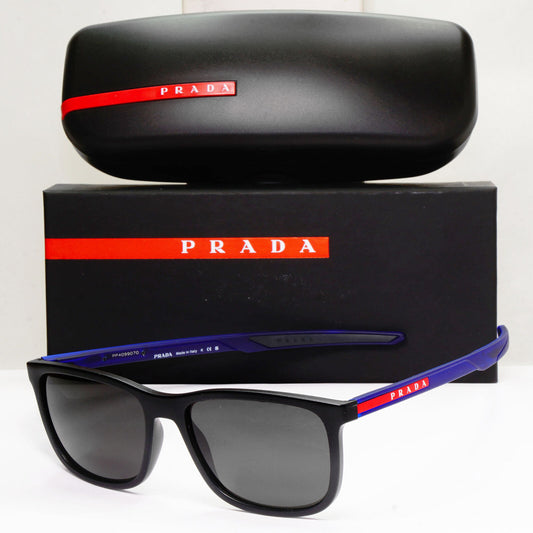 Prada Sunglasses Black Blue Rubber Square Red Stripe PS07OV VPS 07O 15C-1O1 56mm