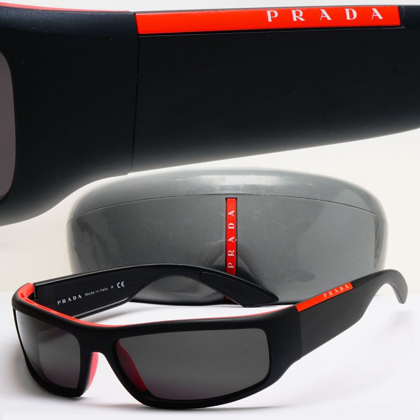 Prada Sunglasses Black Matte Wrap Red Stripe PS02US SPS 02U 353-5L2 231124