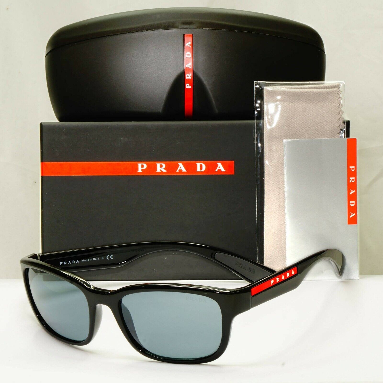 Prada Sunglasses Black Ice Grey Mirror Mens SPS 05V 1AB-5L0 Red Stripe Sport