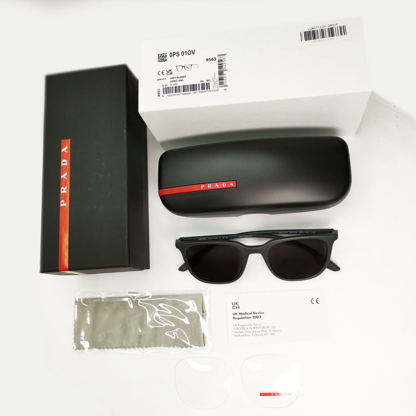 Prada Sunglasses Grey Rubber Square Red Stripe PS01OV VPS 01O UFK-1O1 50mm