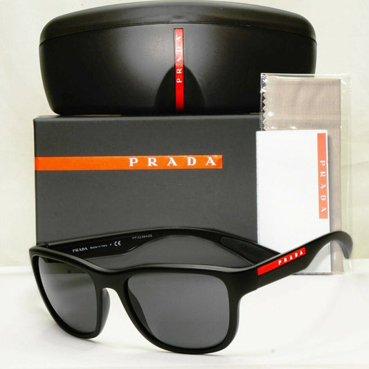 Prada Sunglasse Black Square Rubber PS01US SPS 01U DG0-5S0 Red Stripe Rossa 59mm