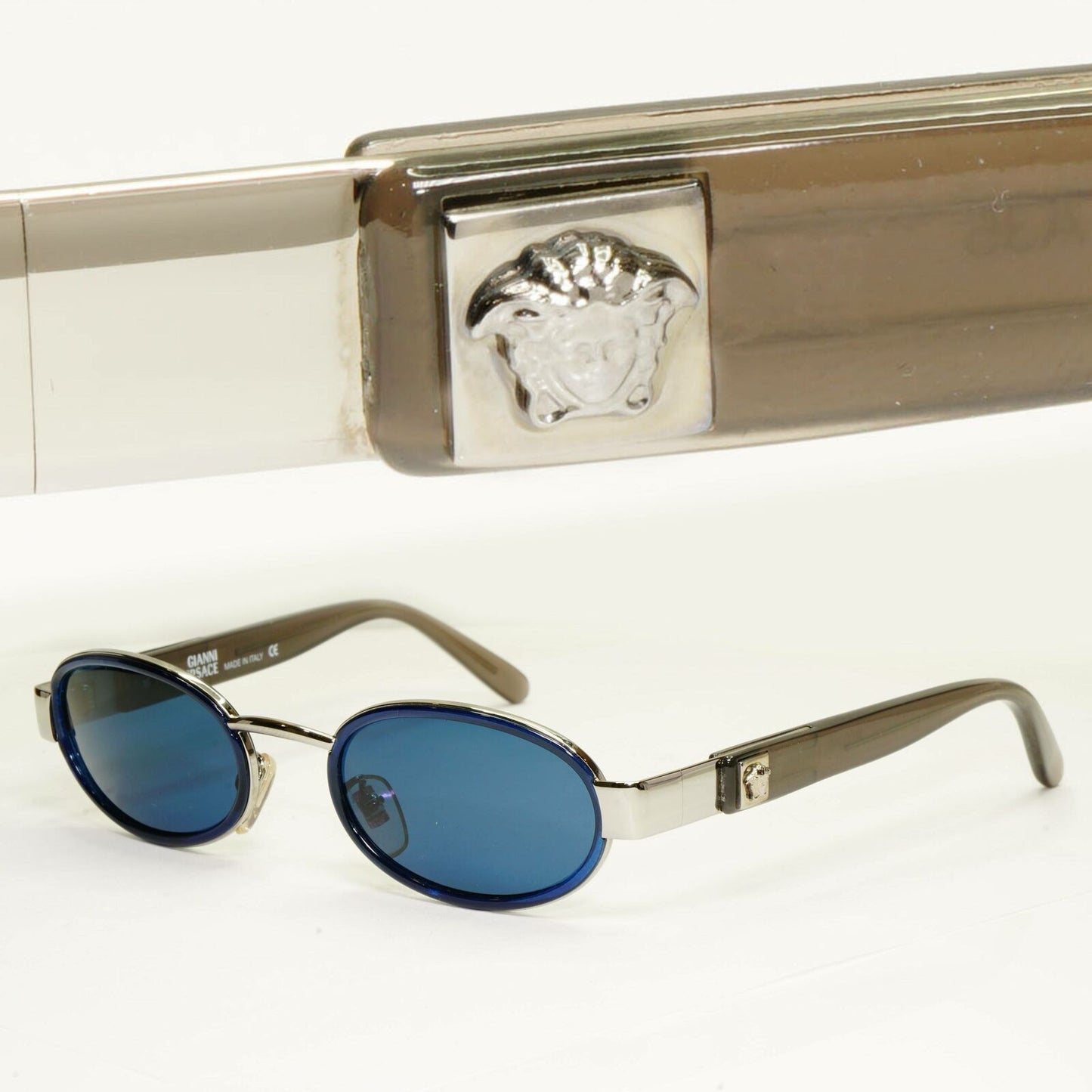 Gianni Versace 1996 Vintage Oval Blue Silver Medusa Sunglasses MOD X28 COL A35