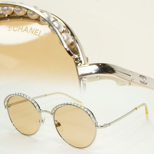 Chanel Sunglasses Pearl Silver Brown Amber Round Metal 4247-H c.124/73 52mm