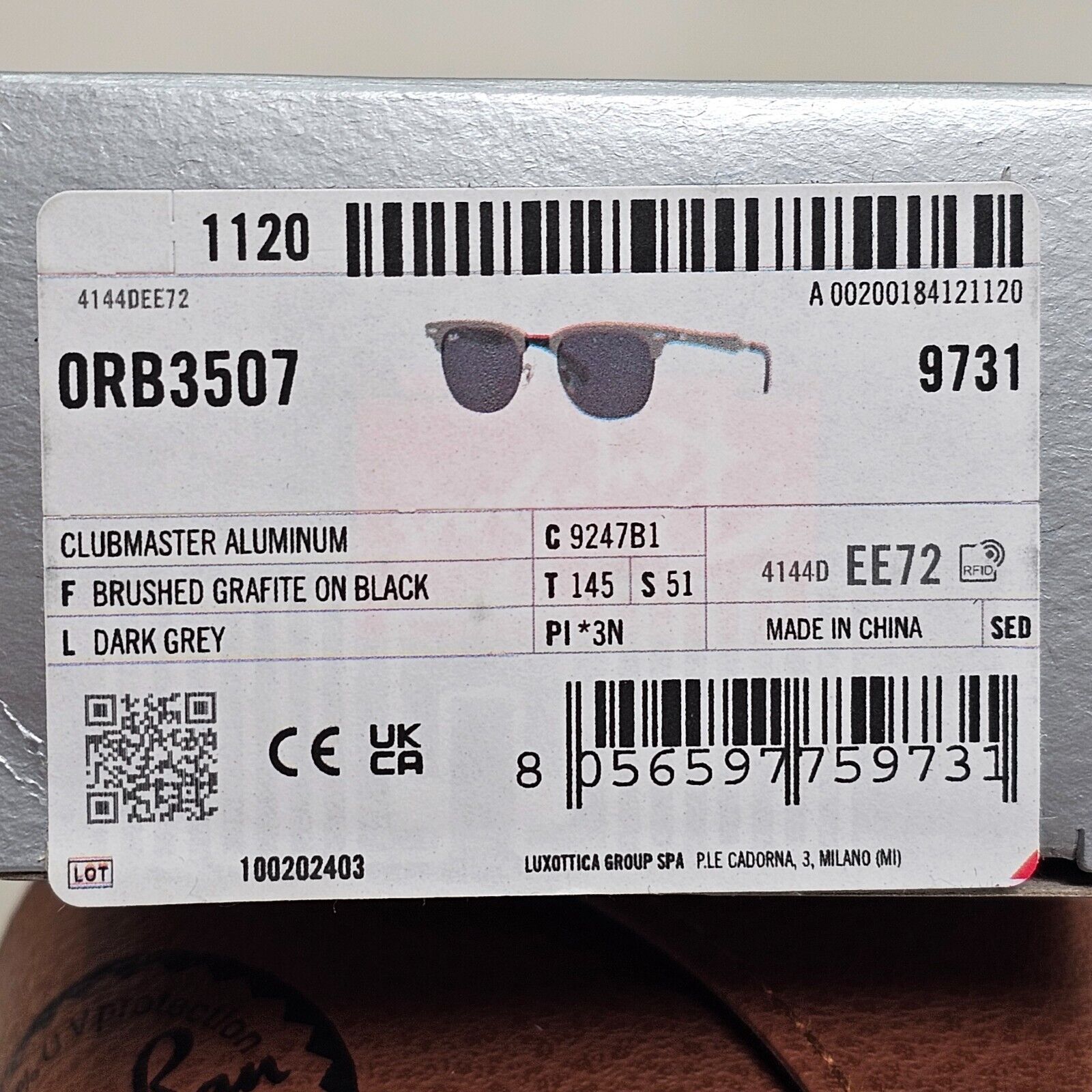 Ray-Ban Sunglasses Clubmaster Aluminum Metal Grey Black RB 3507 9247/B1 51mm