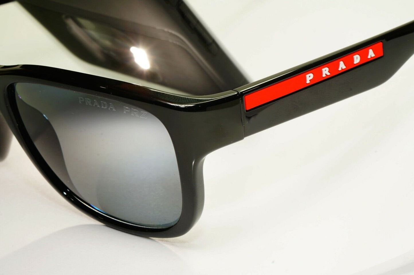 Prada Polarised Black Sunglasses Square Red Stripe PS01US SPS 01U 1AB-5Z1 55mm