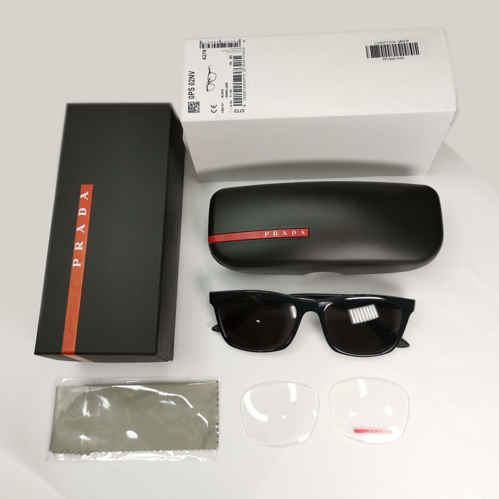 Prada Sunglasses Black Glossy Square Red Stripe PS02NV VPS 02N 1AB-1O1 55mm